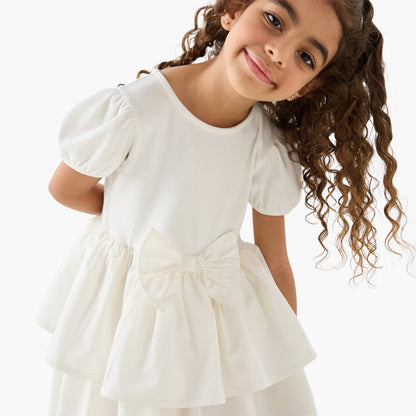 Juniors Round Neck Short Sleeve Dress with Bow Accent