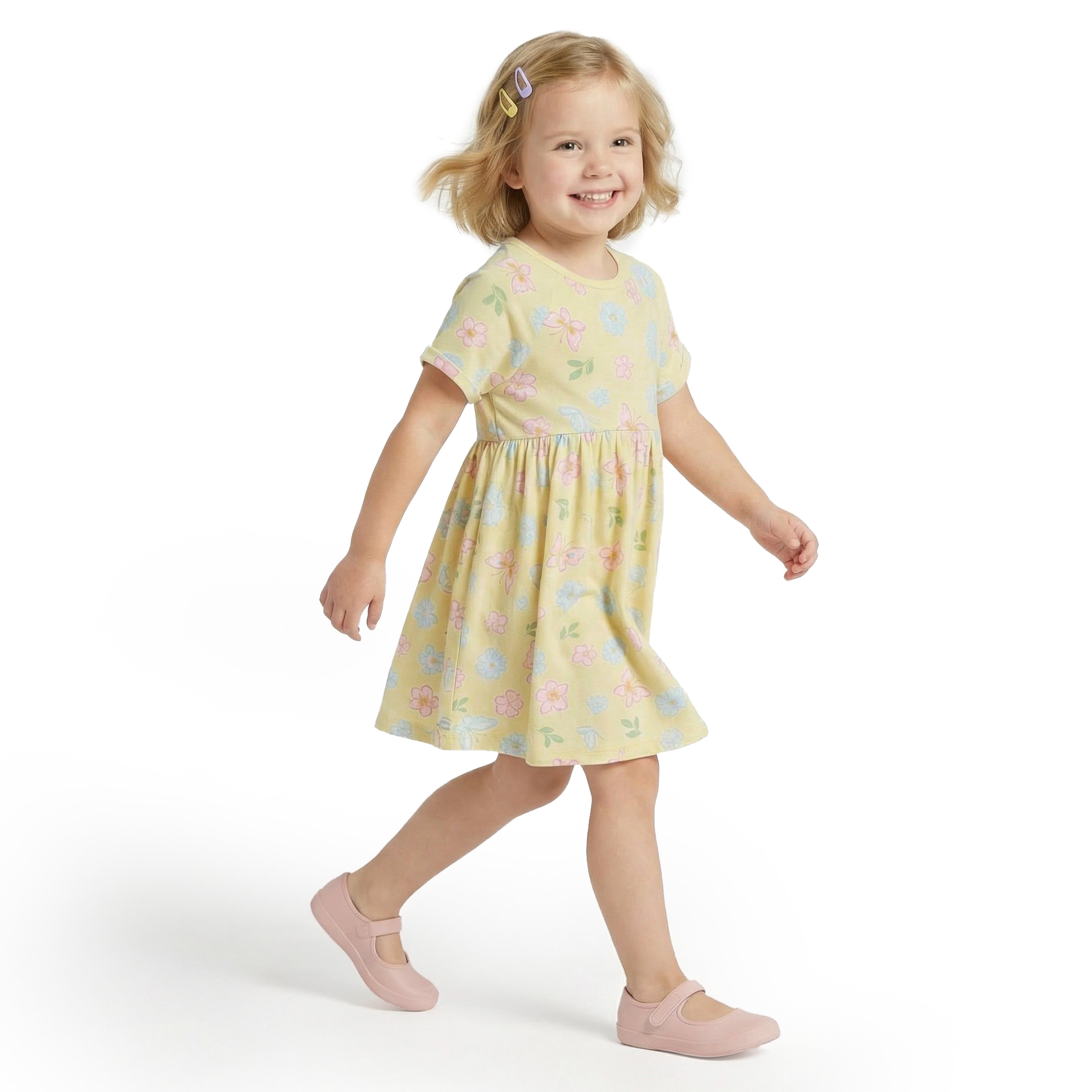 Juniors Round Neck Short Sleeves A-line Dress with Floral Print