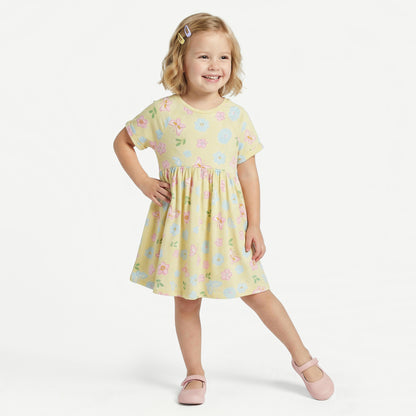 Juniors Round Neck Short Sleeves A-line Dress with Floral Print