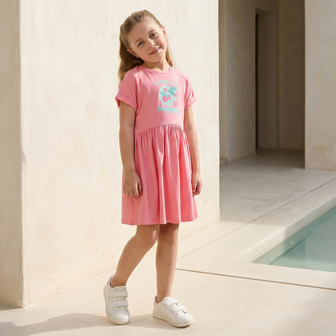 Juniors Round Neck Short Sleeves Knee Length A-line Dress with Strawberry Print - Pink / 6-7 yrs