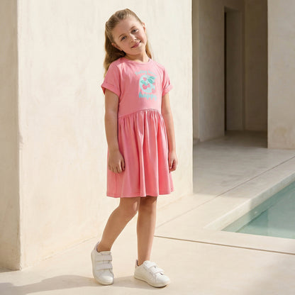 Juniors Round Neck Short Sleeves Knee Length A-line Dress with Strawberry Print - Pink / 6-7 yrs