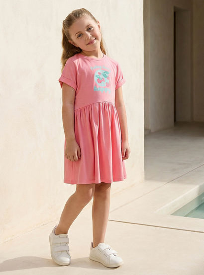 Juniors Round Neck Short Sleeves Knee Length A-line Dress with Strawberry Print-girls-clothing-dressesandjumpsuits-image-1