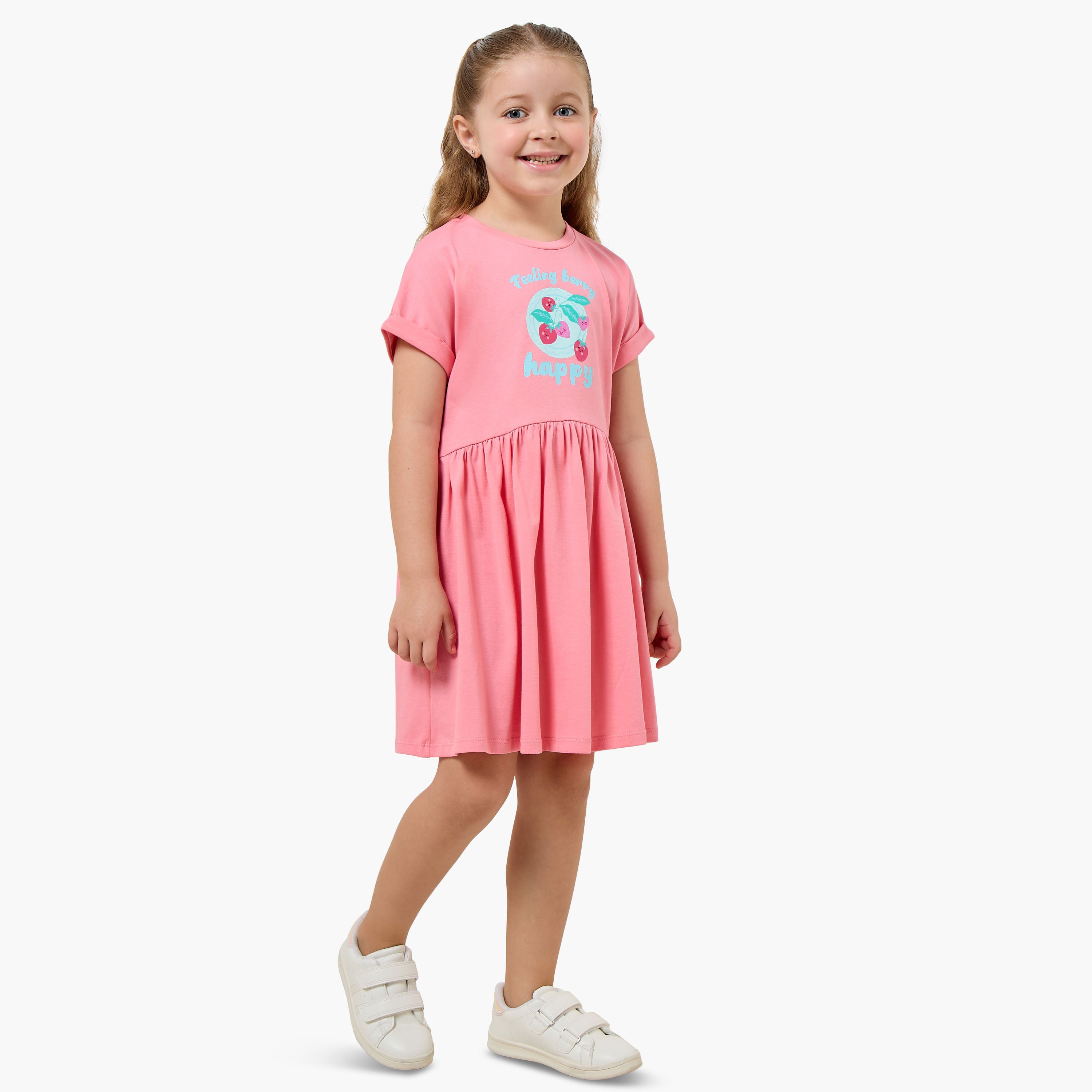 Juniors Round Neck Short Sleeves Knee Length A-line Dress with Strawberry Print