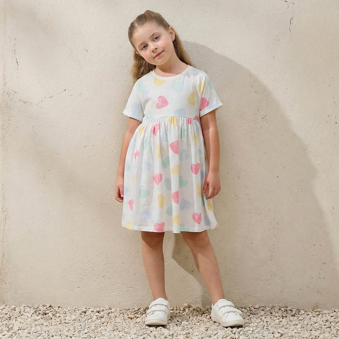 Juniors Round Neck Short Sleeves Knee Length A-line Dress with Heart Print - White / 6-7 yrs