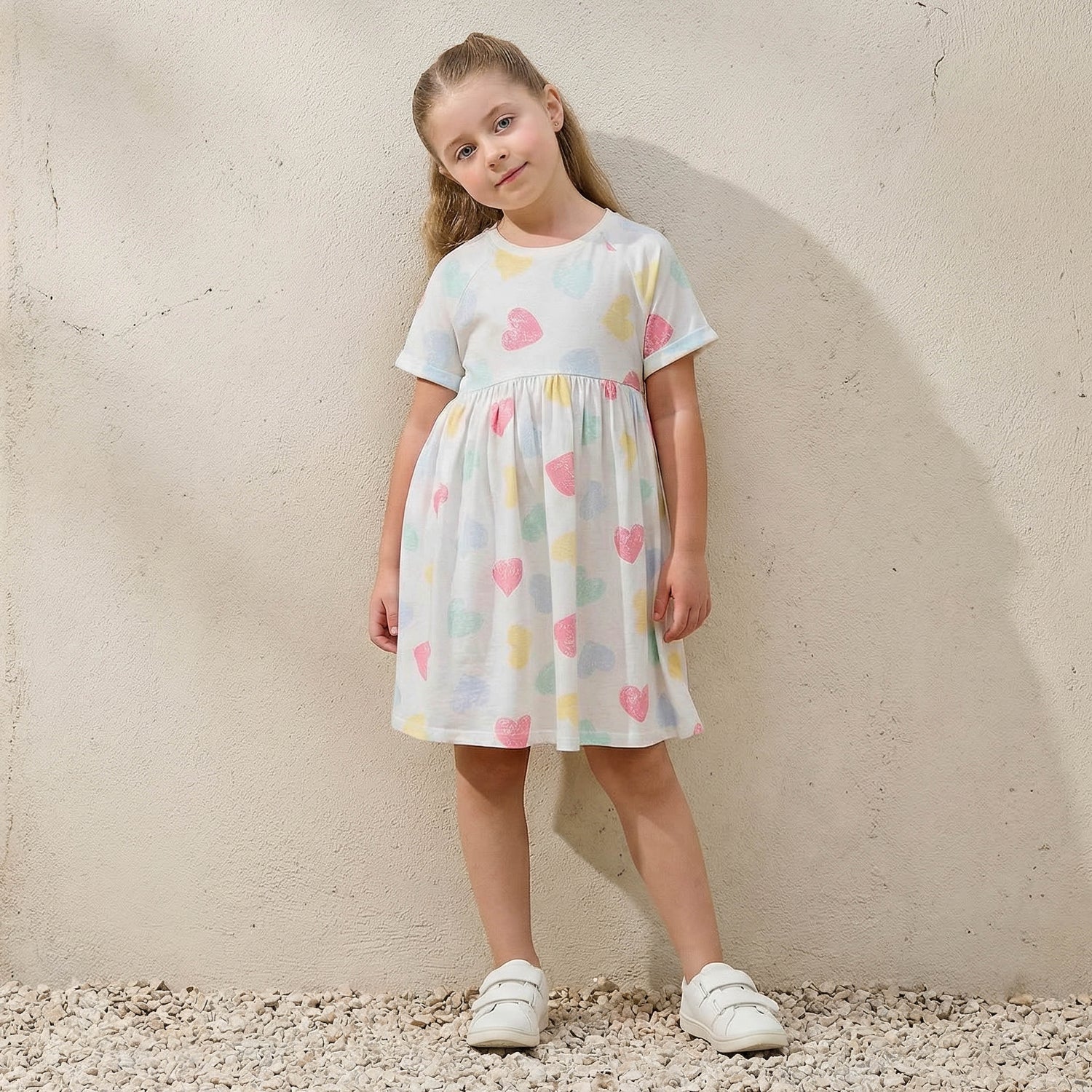 Juniors Round Neck Short Sleeves Knee Length A-line Dress with Heart Print - White / 6-7 yrs