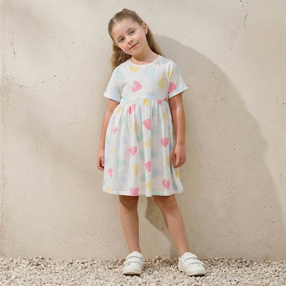 Juniors Round Neck Short Sleeves Knee Length A-line Dress with Heart Print - White / 6-7 yrs