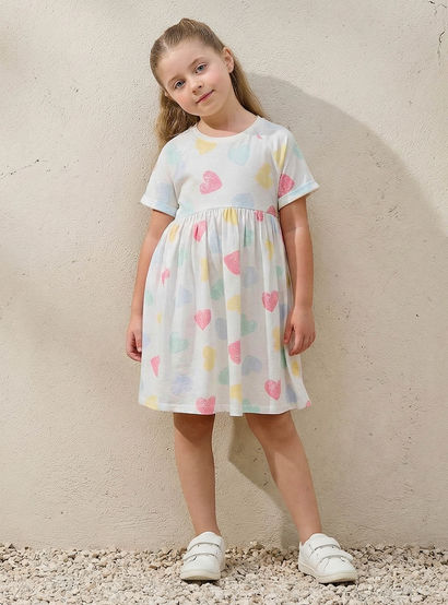 Juniors Round Neck Short Sleeves Knee Length A-line Dress with Heart Print-girls-clothing-dressesandjumpsuits-image-1
