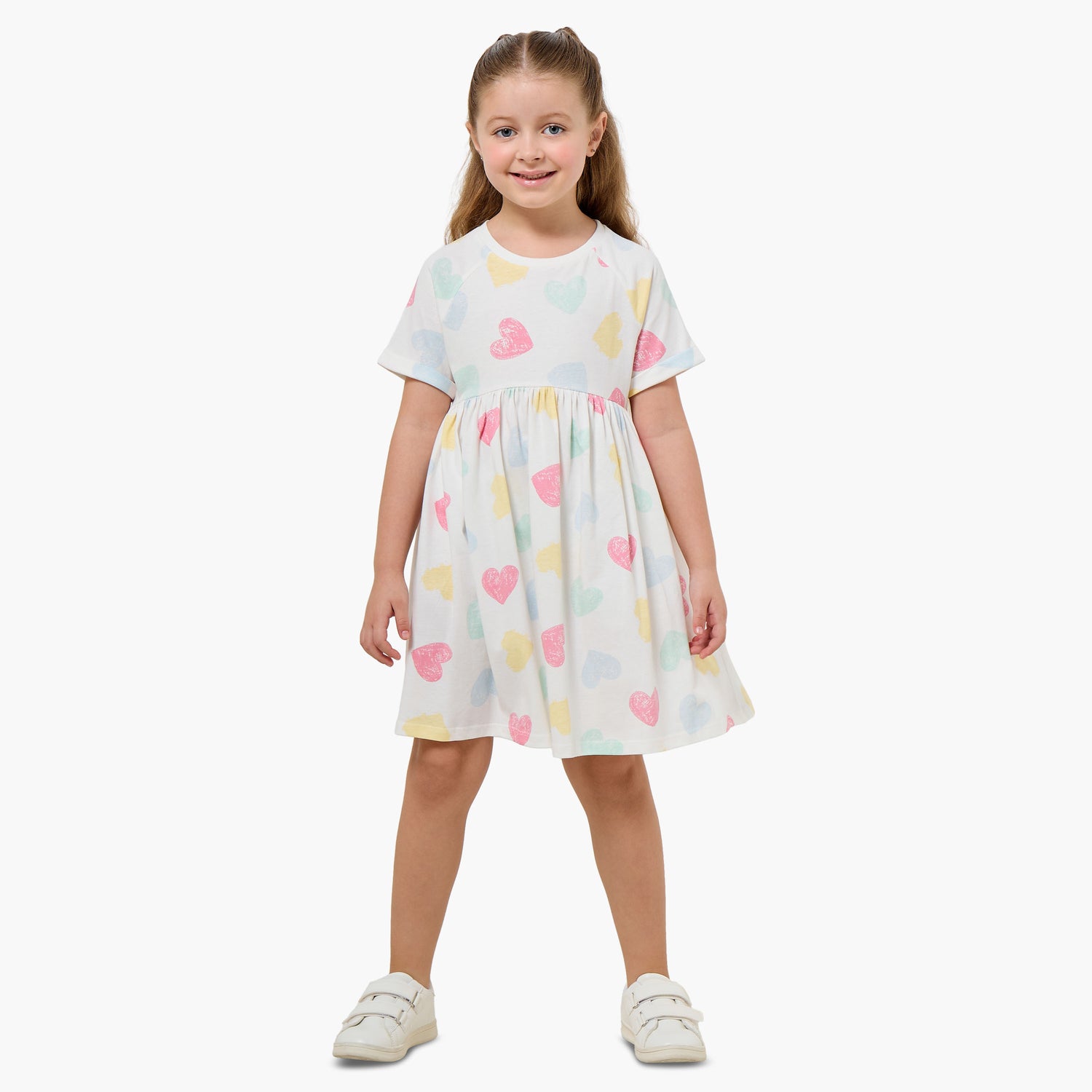 Juniors Round Neck Short Sleeves Knee Length A-line Dress with Heart Print