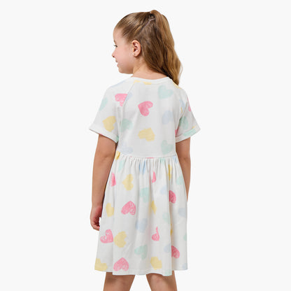 Juniors Round Neck Short Sleeves Knee Length A-line Dress with Heart Print
