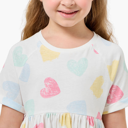 Juniors Round Neck Short Sleeves Knee Length A-line Dress with Heart Print