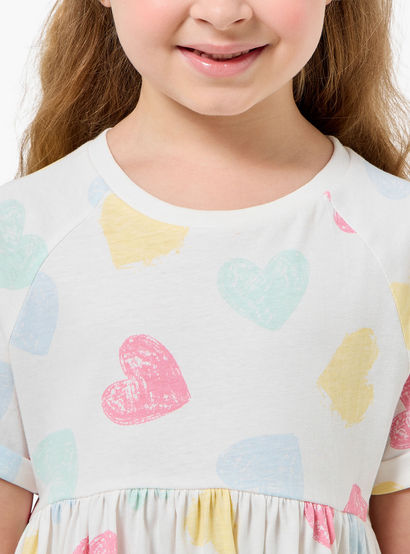 Juniors Round Neck Short Sleeves Knee Length A-line Dress with Heart Print-girls-clothing-dressesandjumpsuits-image-4