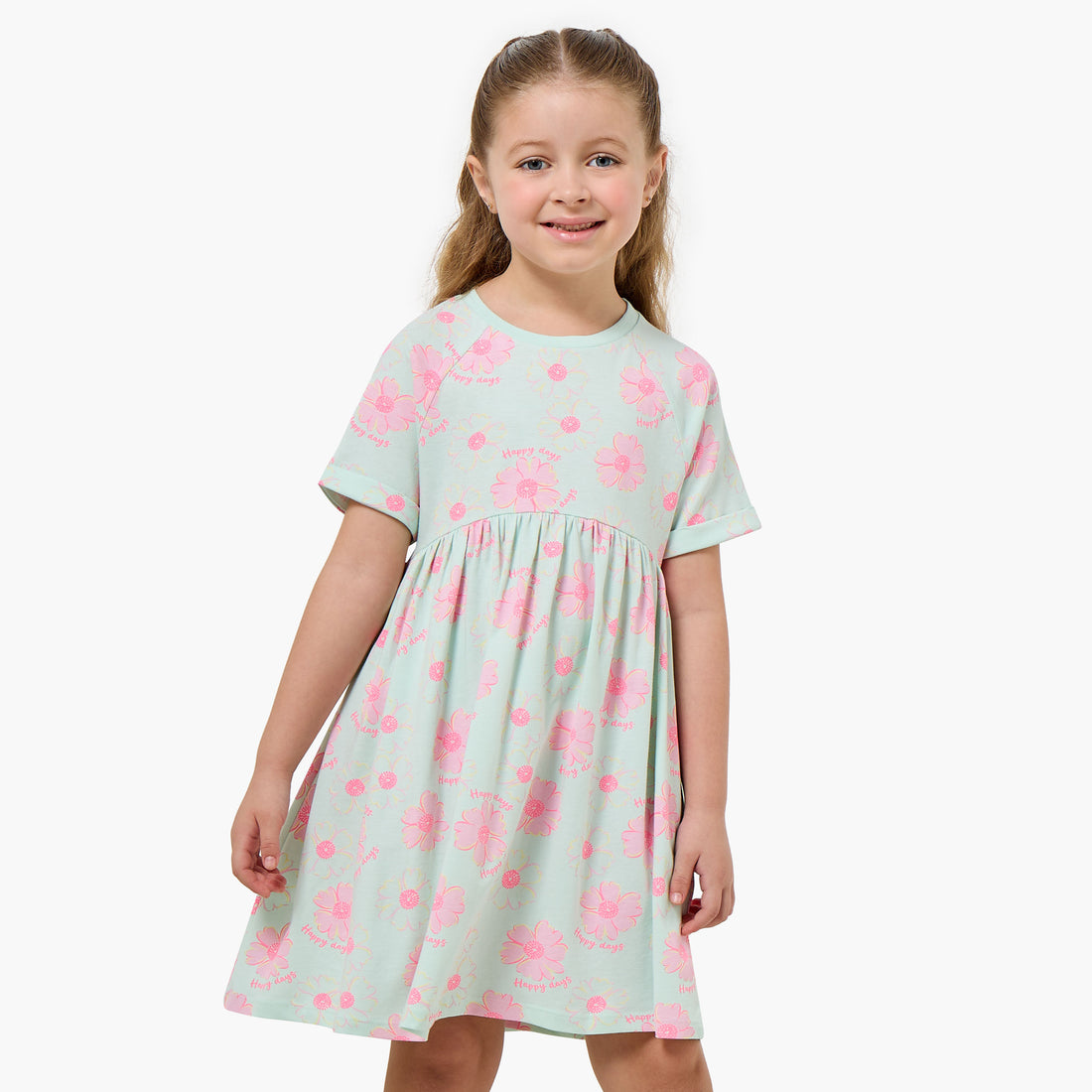 Juniors Round Neck Short Sleeves Knee Length A-line Dress with Floral Print - Green / 1-2 yrs