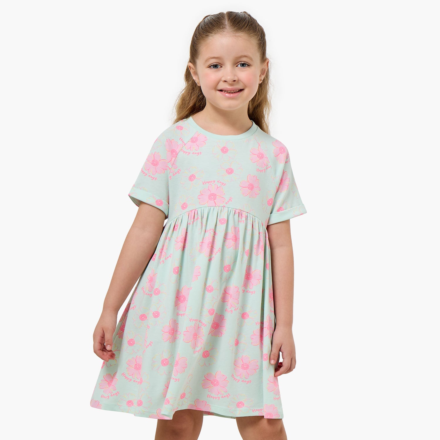 Juniors Round Neck Short Sleeves Knee Length A-line Dress with Floral Print - Green / 1-2 yrs