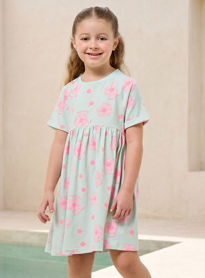 Juniors Round Neck Short Sleeves Knee Length A-line Dress with Floral Print-girls-clothing-dressesandjumpsuits-image-1