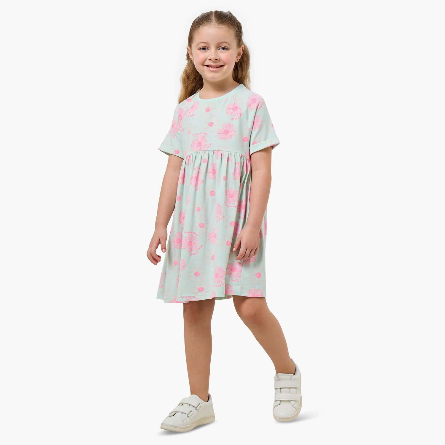 Juniors Round Neck Short Sleeves Knee Length A-line Dress with Floral Print