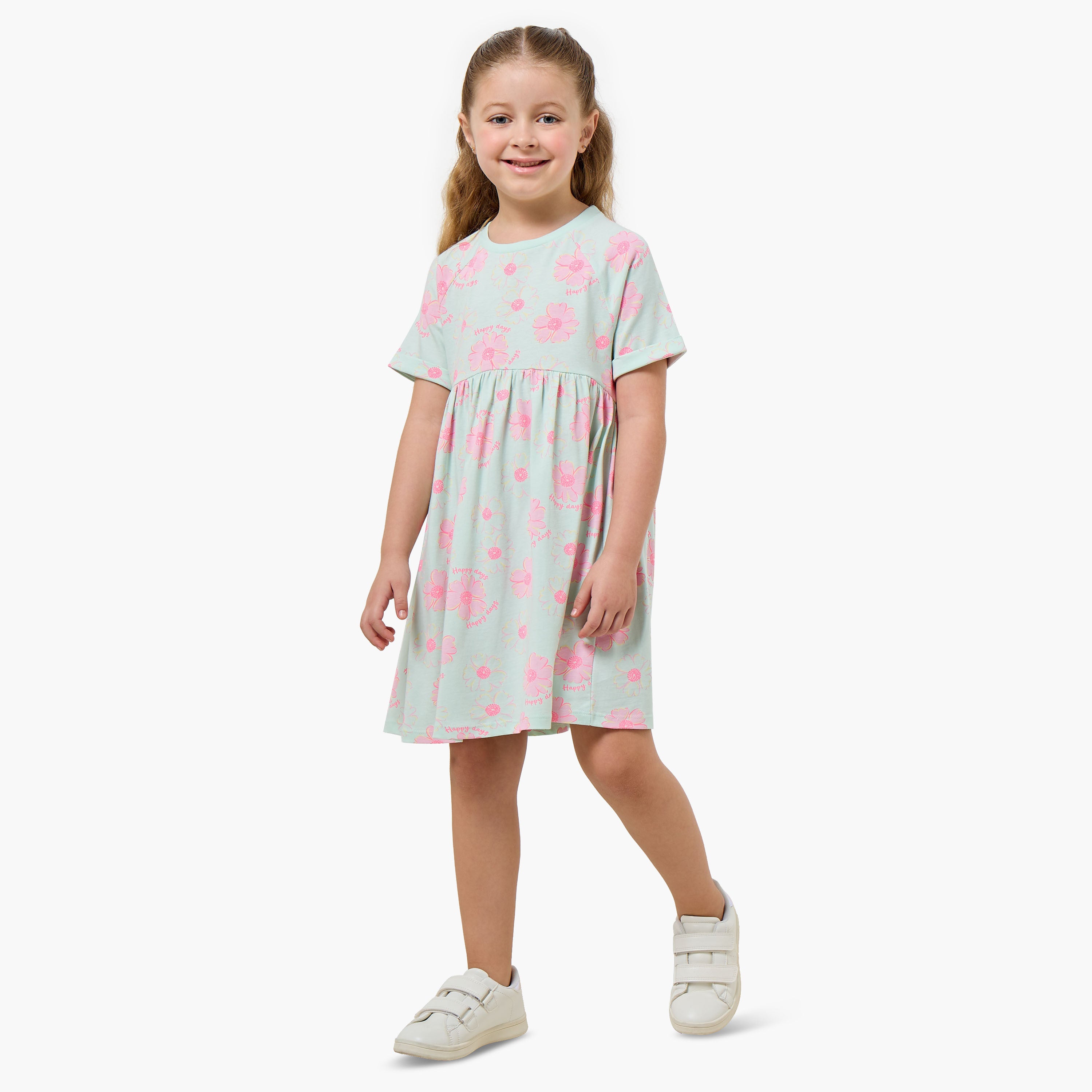 Juniors Round Neck Short Sleeves Knee Length A-line Dress with Floral Print