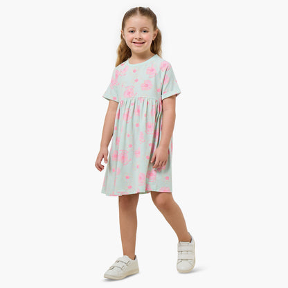 Juniors Round Neck Short Sleeves Knee Length A-line Dress with Floral Print
