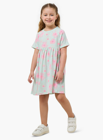 Juniors Round Neck Short Sleeves Knee Length A-line Dress with Floral Print-girls-clothing-dressesandjumpsuits-image-2