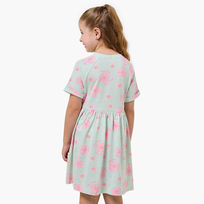 Juniors Round Neck Short Sleeves Knee Length A-line Dress with Floral Print