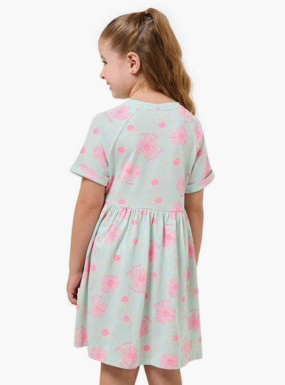 Juniors Round Neck Short Sleeves Knee Length A-line Dress with Floral Print-girls-clothing-dressesandjumpsuits-image-3