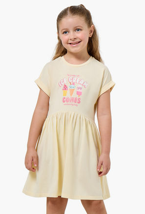 Juniors Round Neck Short Sleeves Knee Length A-line Dress with Ice Cream Print