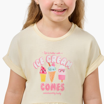 Juniors Round Neck Short Sleeves Knee Length A-line Dress with Ice Cream Print