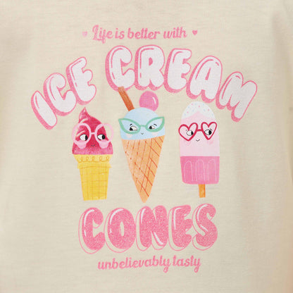 Juniors Round Neck Short Sleeves Knee Length A-line Dress with Ice Cream Print
