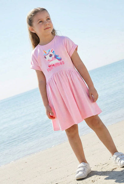 Juniors Round Neck Short Sleeves Knee Length A-line Dress with Unicorn Print