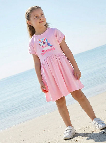 Juniors Round Neck Short Sleeves Knee Length A-line Dress with Unicorn Print-girls-clothing-dressesandjumpsuits-image-1