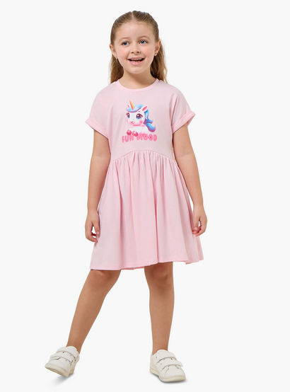 Juniors Round Neck Short Sleeves Knee Length A-line Dress with Unicorn Print-girls-clothing-dressesandjumpsuits-image-2