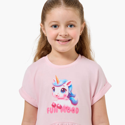 Juniors Round Neck Short Sleeves Knee Length A-line Dress with Unicorn Print
