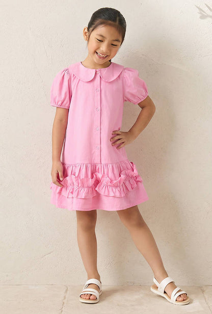 Juniors Peter Pan Collar Short Sleeves Drop Waist Dress with Ruffle Design