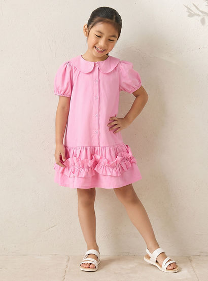 Juniors Peter Pan Collar Short Sleeves Drop Waist Dress with Ruffle Design-girls-clothing-dressesandjumpsuits-image-1