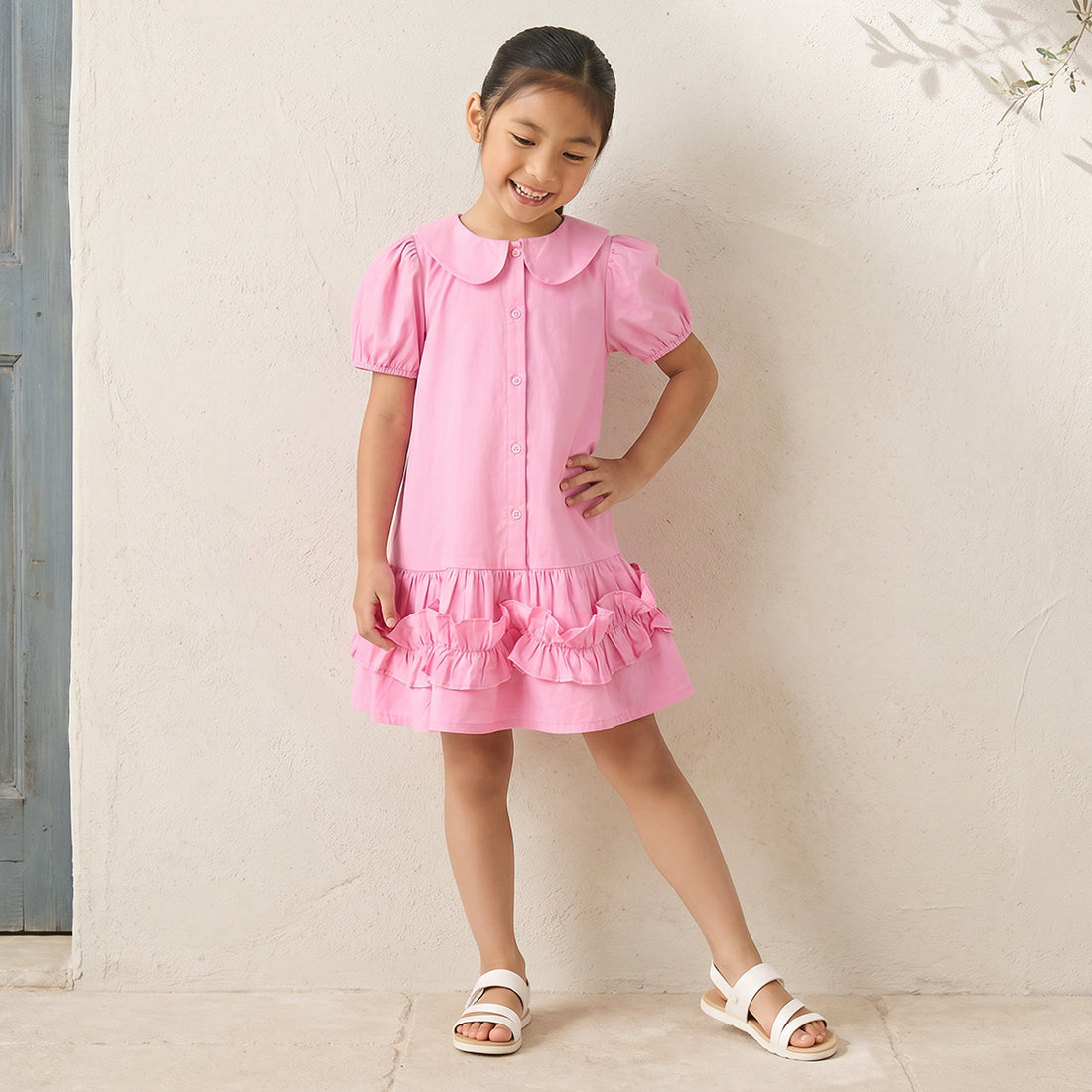 Juniors Peter Pan Collar Short Sleeves Drop Waist Dress with Ruffle Design - Pink / 5-6 yrs