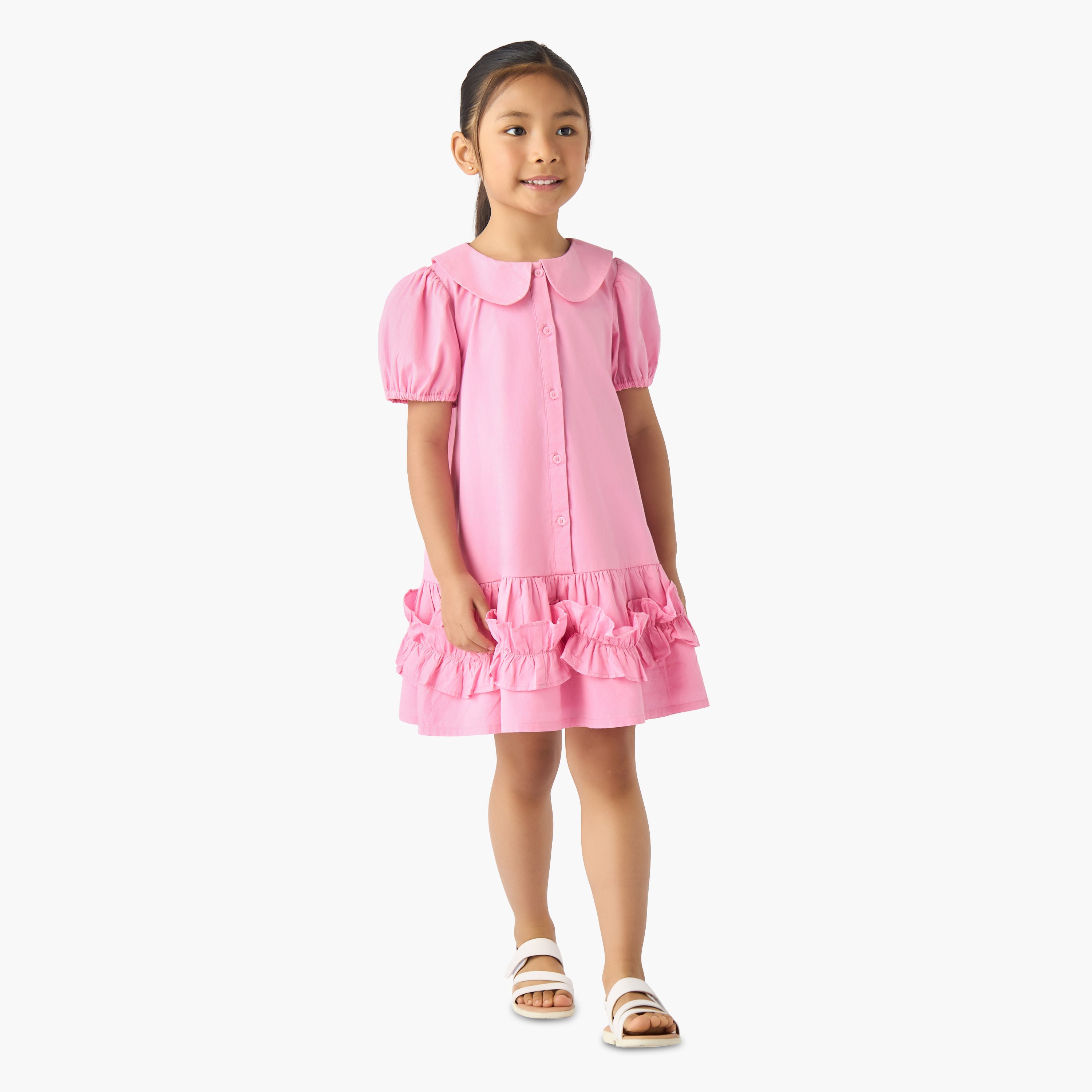 Juniors Peter Pan Collar Short Sleeves Drop Waist Dress with Ruffle Design