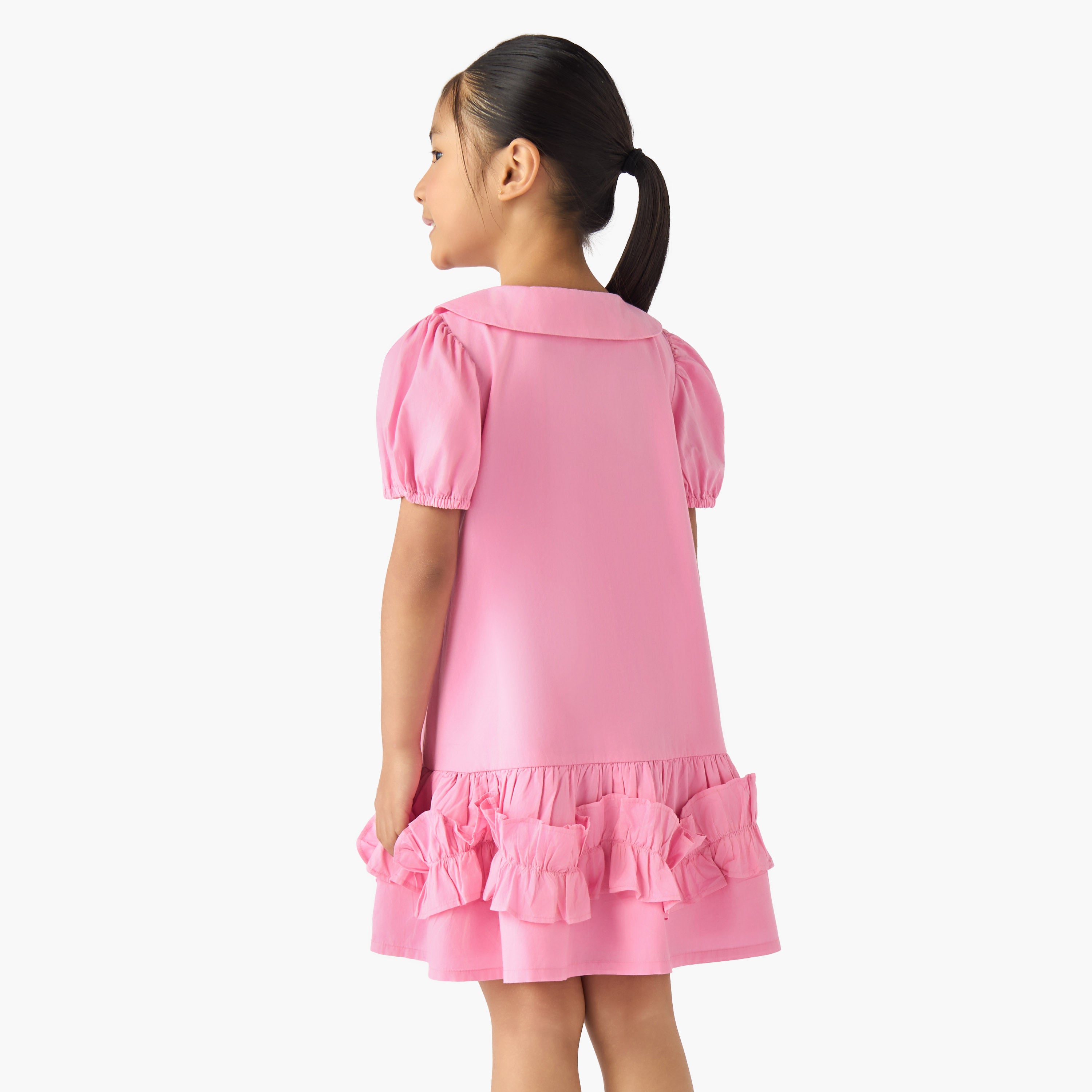 Juniors Peter Pan Collar Short Sleeves Drop Waist Dress with Ruffle Design