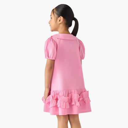 Juniors Peter Pan Collar Short Sleeves Drop Waist Dress with Ruffle Design