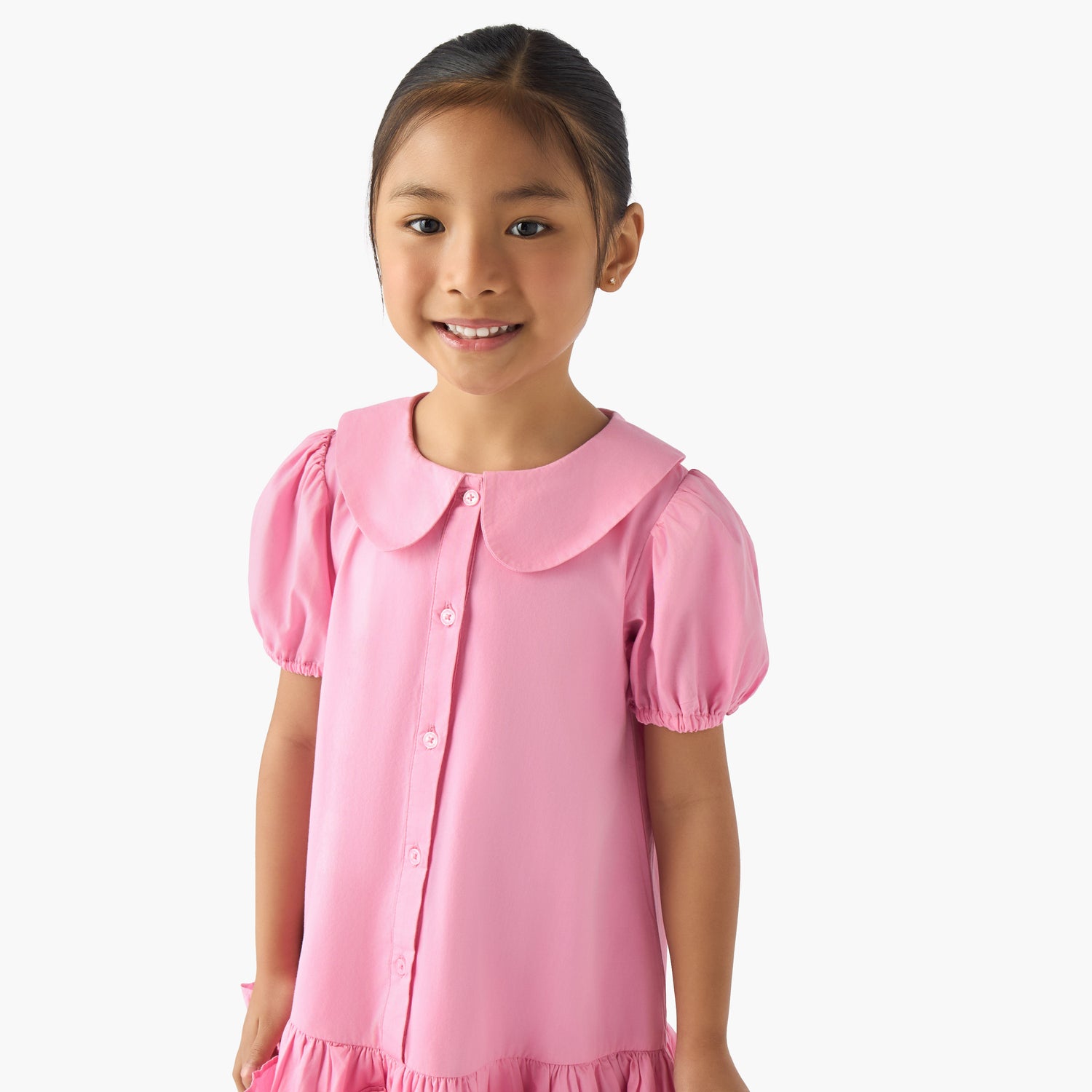 Juniors Peter Pan Collar Short Sleeves Drop Waist Dress with Ruffle Design