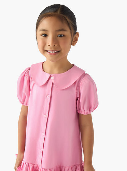 Juniors Peter Pan Collar Short Sleeves Drop Waist Dress with Ruffle Design-girls-clothing-dressesandjumpsuits-image-4