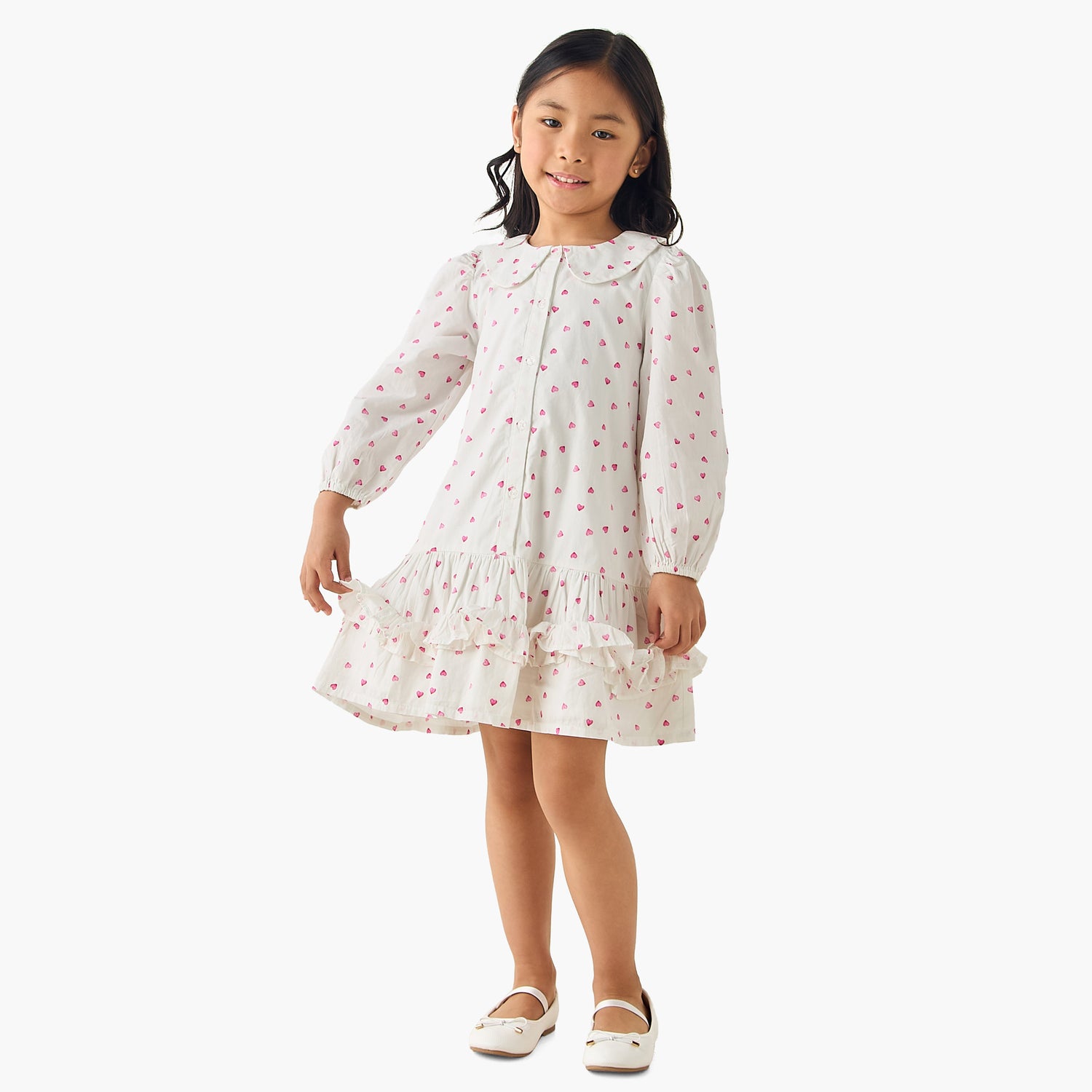 Juniors Peter Pan Collar Long Sleeves Drop Waist Dress with Ruffle Design