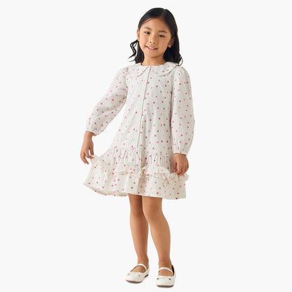 Juniors Peter Pan Collar Long Sleeves Drop Waist Dress with Ruffle Design