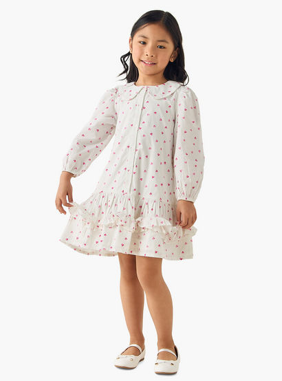 Juniors Peter Pan Collar Long Sleeves Drop Waist Dress with Ruffle Design-girls-clothing-dressesandjumpsuits-image-2