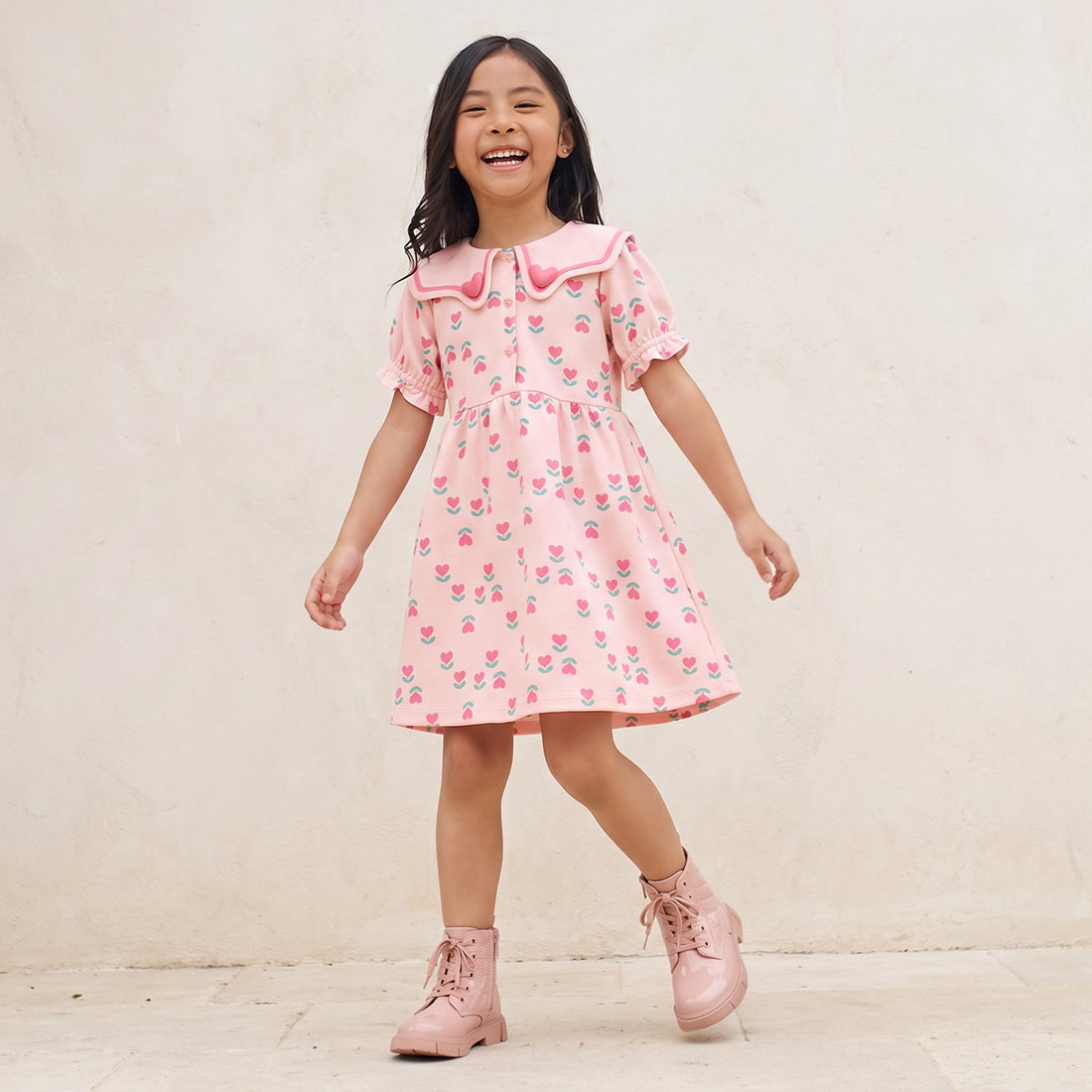 Juniors Sailor Neck Short Puff Sleeves Dress with Heart Print - Pink / 2-3 yrs