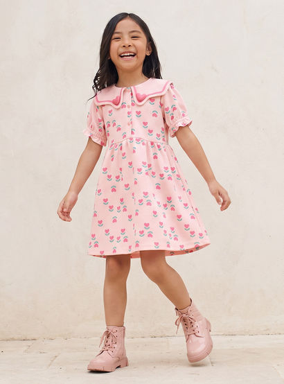 Juniors Sailor Neck Short Puff Sleeves Dress with Heart Print-girls-clothing-dressesandjumpsuits-image-1