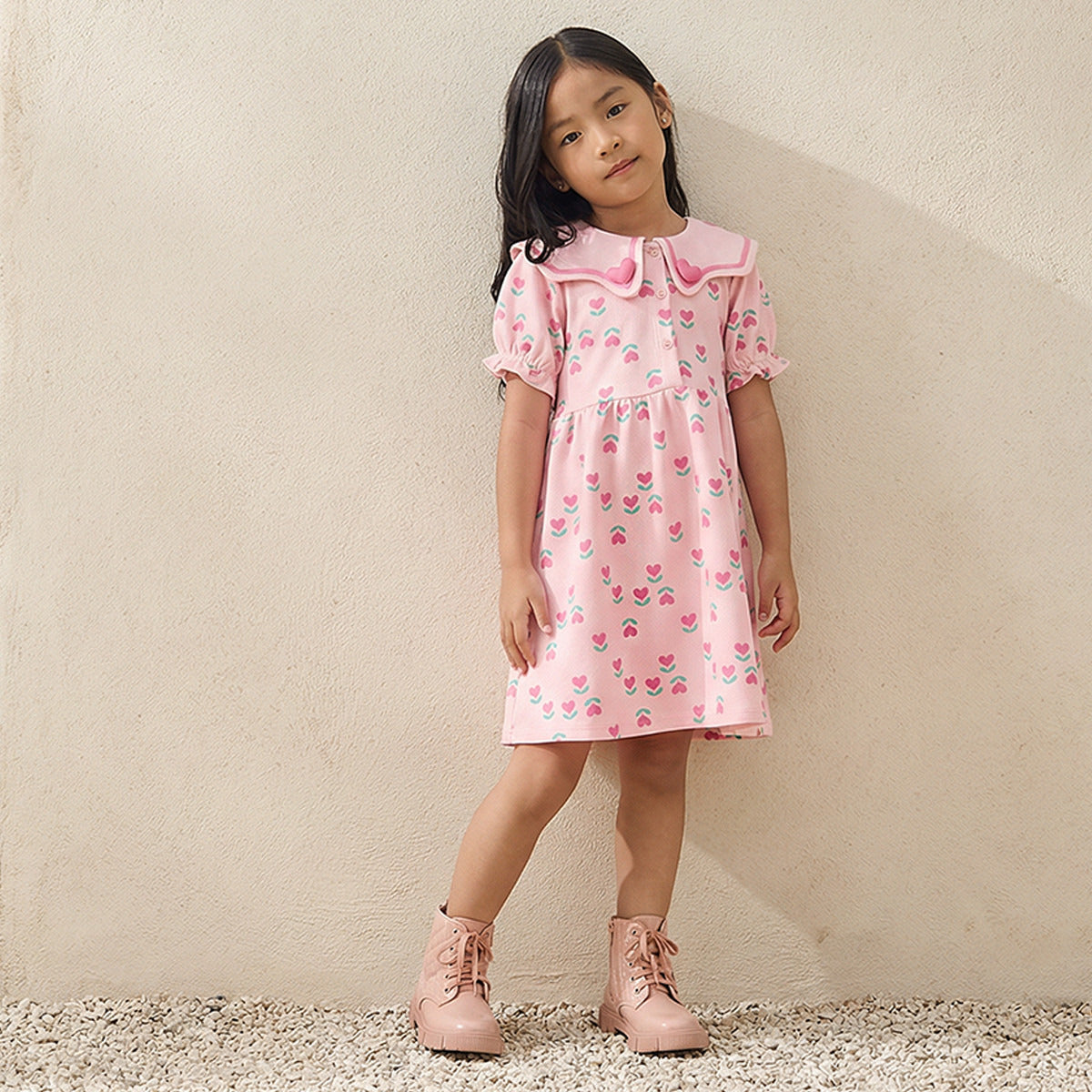 Juniors Sailor Neck Short Puff Sleeves Dress with Heart Print