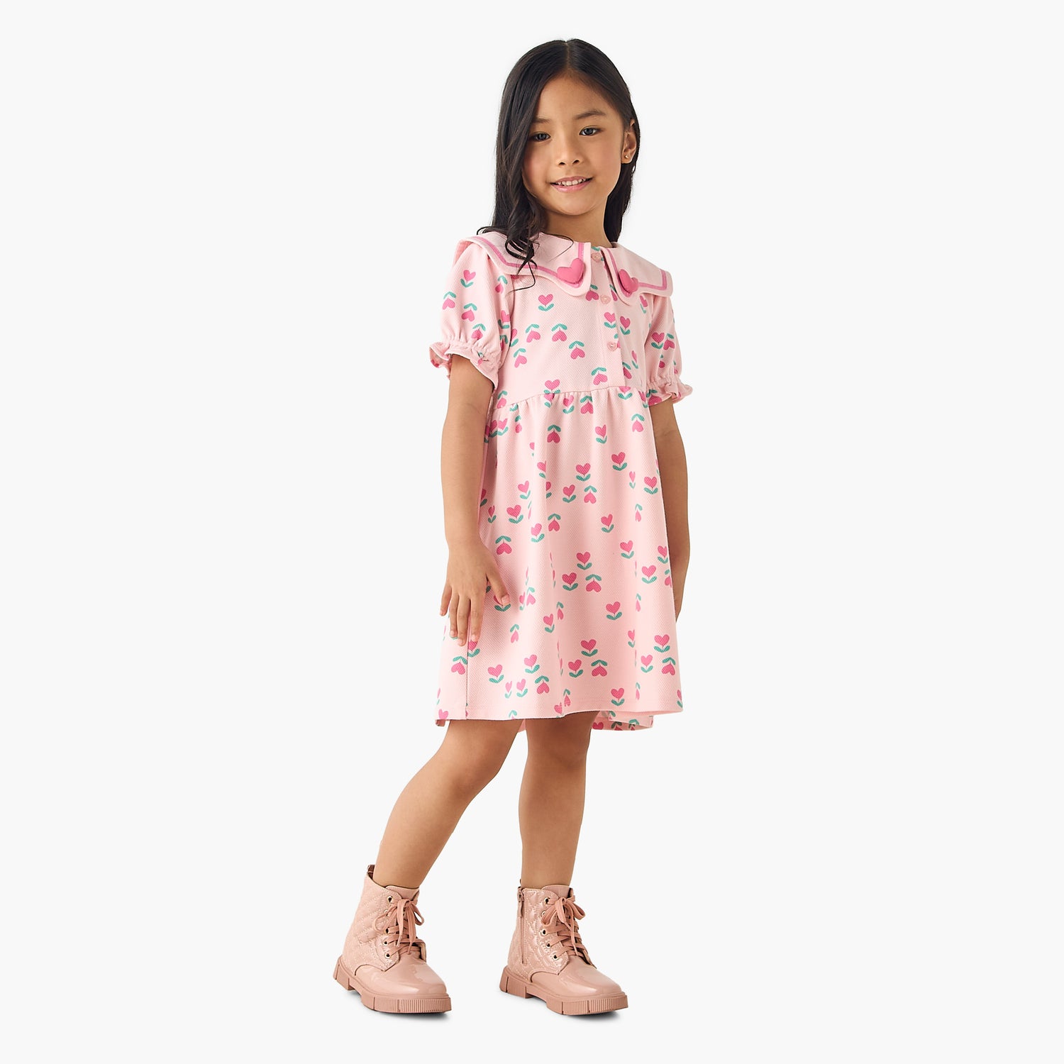 Juniors Sailor Neck Short Puff Sleeves Dress with Heart Print