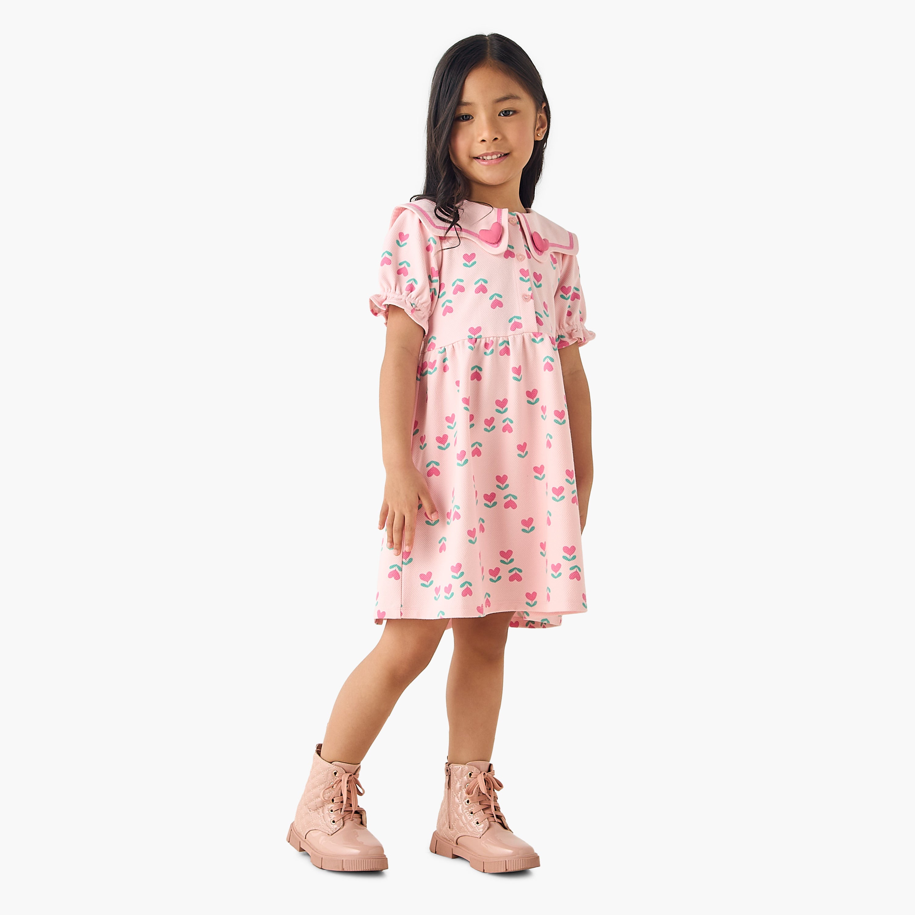 Juniors Sailor Neck Short Puff Sleeves Dress with Heart Print