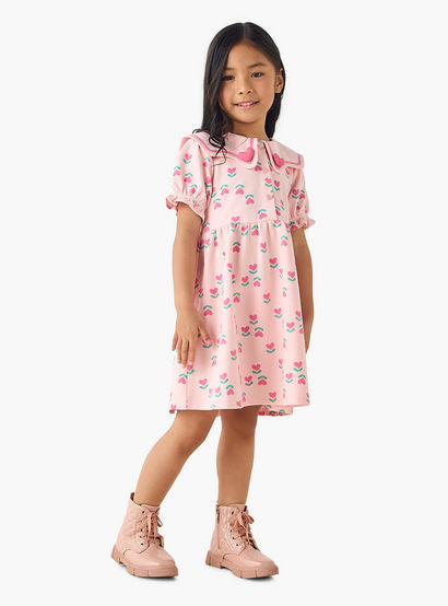 Juniors Sailor Neck Short Puff Sleeves Dress with Heart Print-girls-clothing-dressesandjumpsuits-image-2