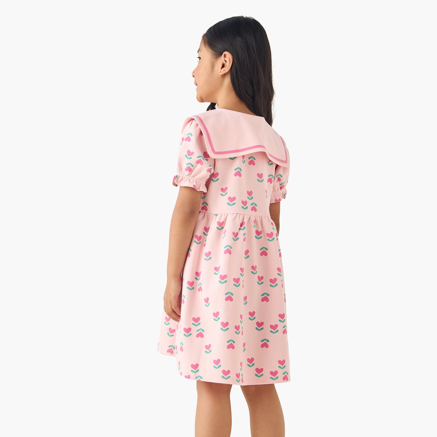 Juniors Sailor Neck Short Puff Sleeves Dress with Heart Print