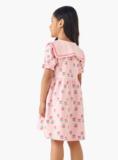 Juniors Sailor Neck Short Puff Sleeves Dress with Heart Print-girls-clothing-dressesandjumpsuits-image-3